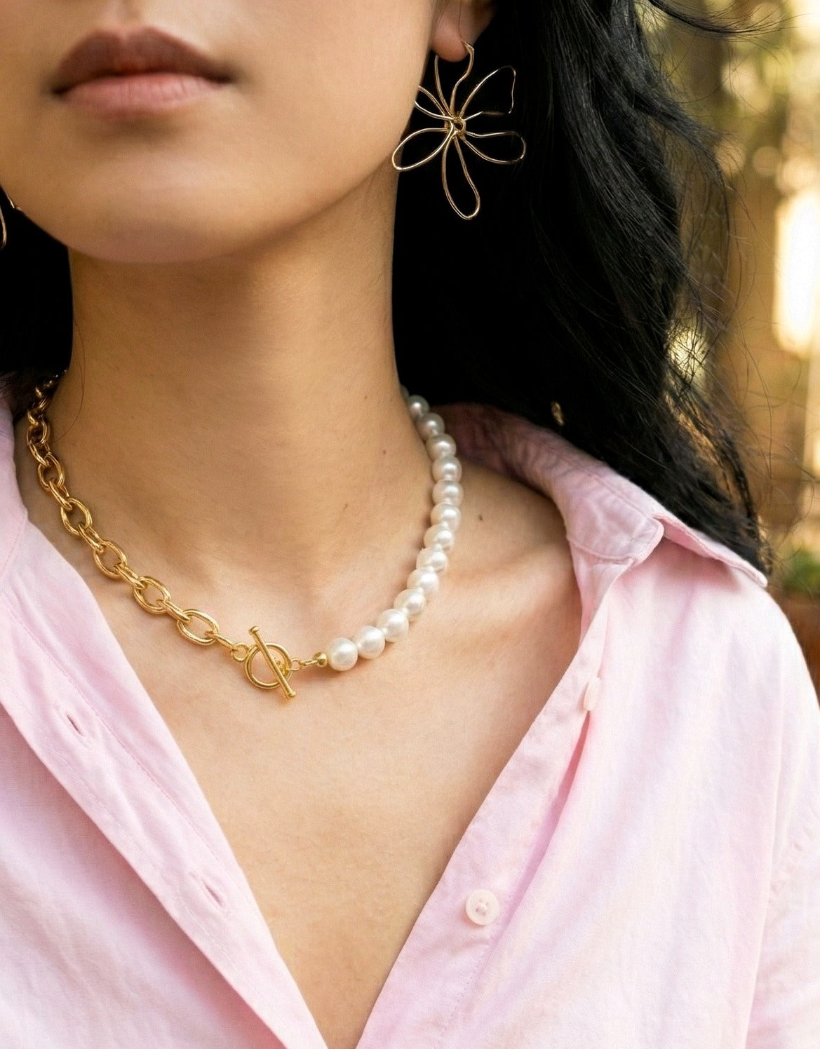Half Pearl Half Chain Toggle Choker - Mixed Media Statement Necklace