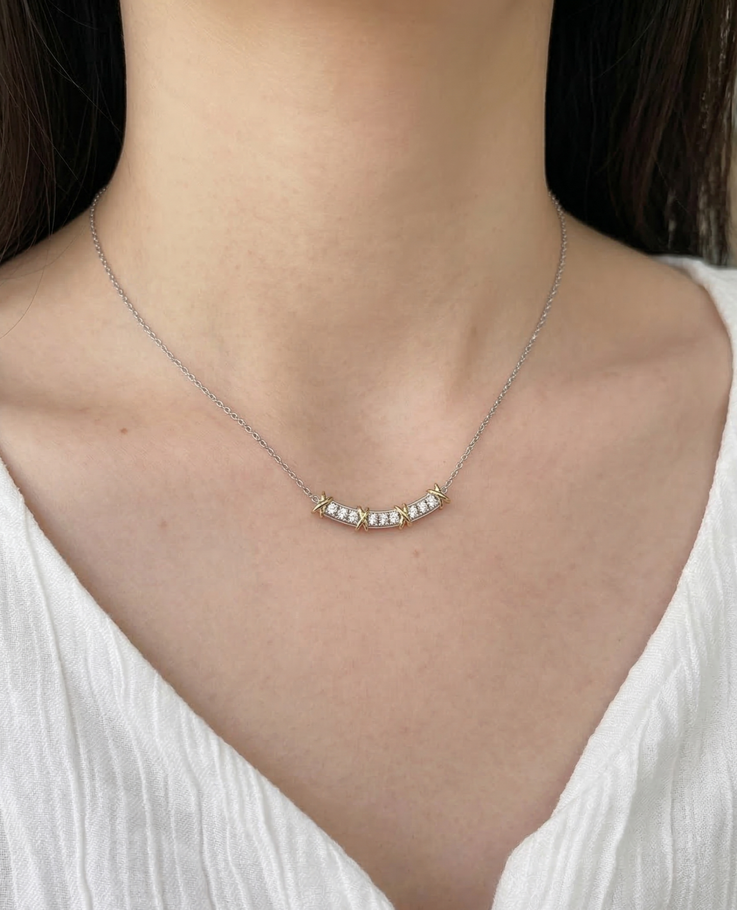 925 Sterling Silver Two-Tone Curved Bar Necklace with Gold X Cross