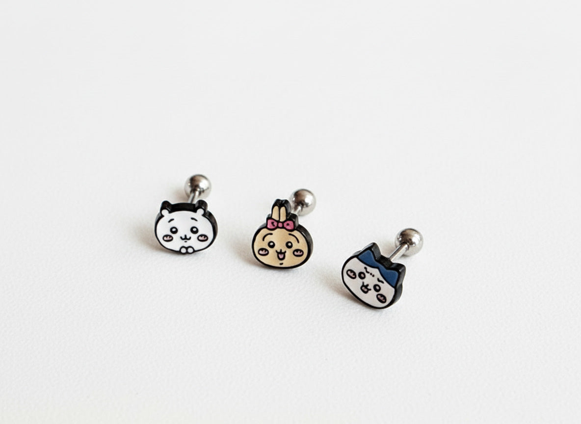 Chiikawa Enamel Brass Barbell Studs - Hachiware Usagi Cute Anime Character Earrings for Helix, Cartilage & Lobe Piercings