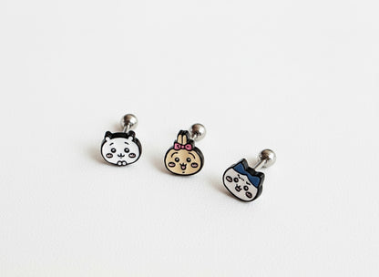 Chiikawa Enamel Brass Barbell Studs - Hachiware Usagi Cute Anime Character Earrings for Helix, Cartilage & Lobe Piercings