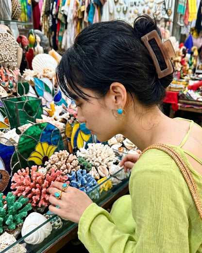 Turquoise Flower Asymmetrical Earrings | Gold Statement Earrings | K-Style Resort Jewelry