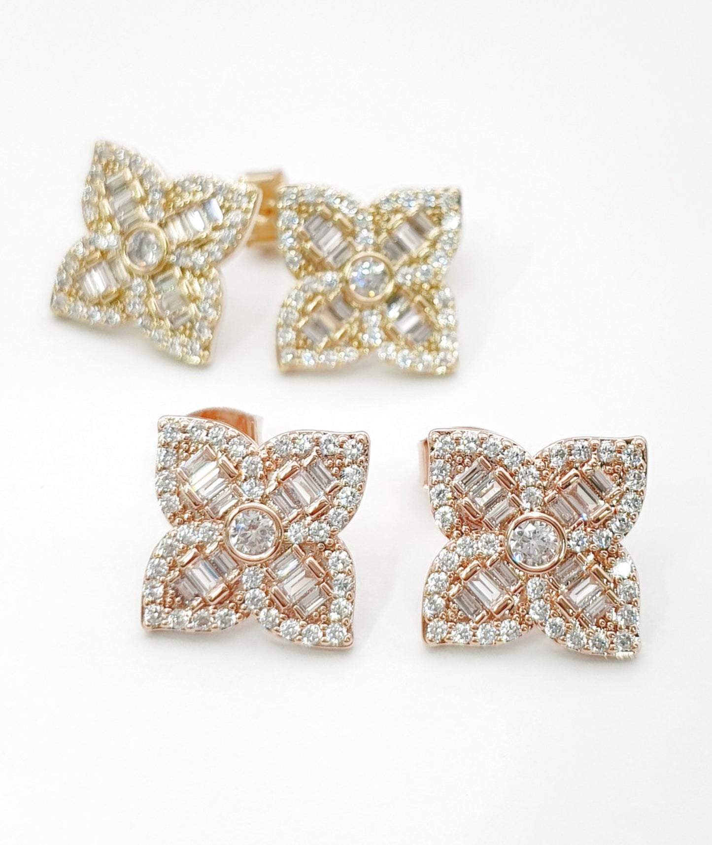 Luxe Floral Baguette Cut CZ Stud Earrings - 925 Silver Post 3 Colors