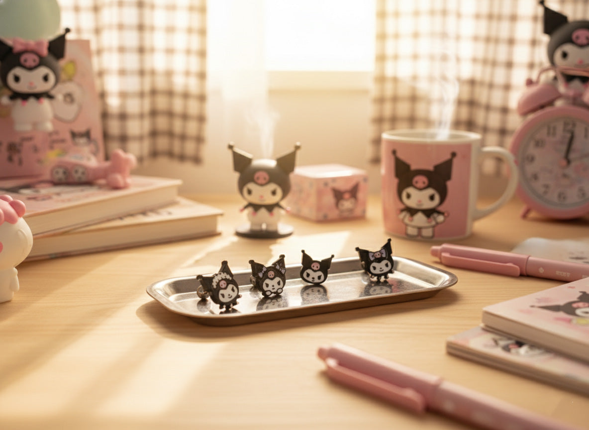 Kuromi piercing collection displayed on pink desk with Sanrio stationery, kawaii aesthetic lifestyle shot showing 4 character designs