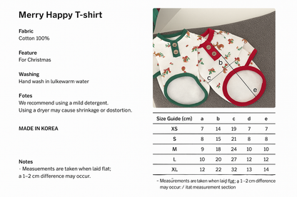 Size chart and fabric information for the Merry Happy T-shirt, including measurements, washing instructions, and a visual shirt diagram with labeled dimensions.