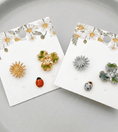 Handmade Asymmetrical Daisy & Ladybug Earring Set (3pcs)