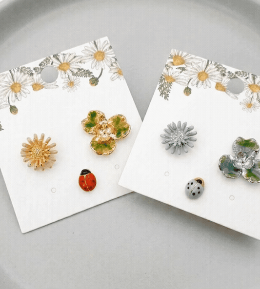 Handmade Asymmetrical Daisy & Ladybug Earring Set (3pcs)