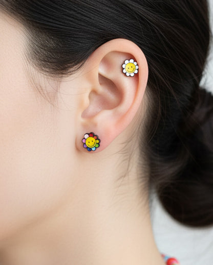 Smiley Flower Barbell Earring – White / Multicolor / Yellow | Handmade Korea