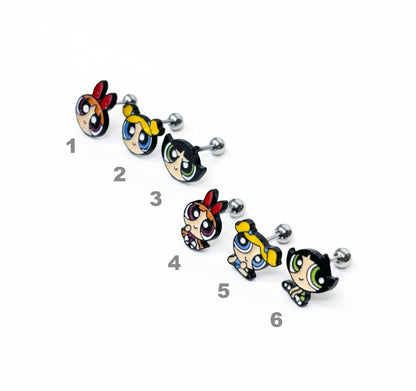 six Powerpuff Girls–inspired barbell earrings lined up in two rows on a white background, each labeled with a number from 1 to 6.