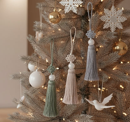 Korean traditional norigae ornaments on champagne gold Christmas tree with snowflake decorations