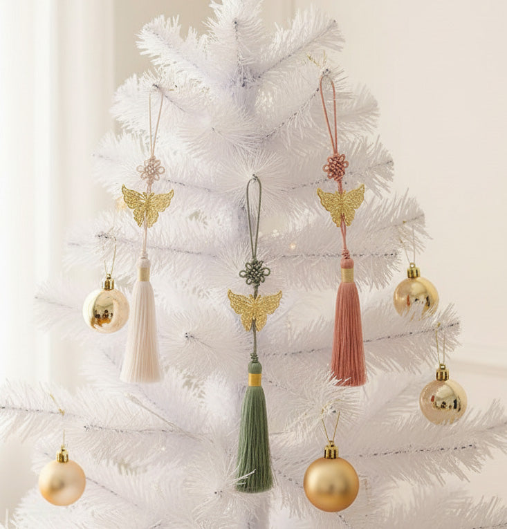 Korean butterfly norigae Christmas tree ornament gold filigree maedeup tassel oriental holiday decor