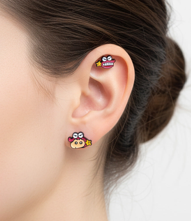 Crayon Shin‑chan & Waniyama Dinosaur-Inspired Barbell Earrings Handmade Cartoon Studs in Surgical Steel
