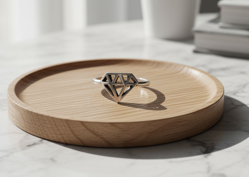 Geometric Diamond Ring on wooden tray - Korean handmade jewelry lifestyle photography