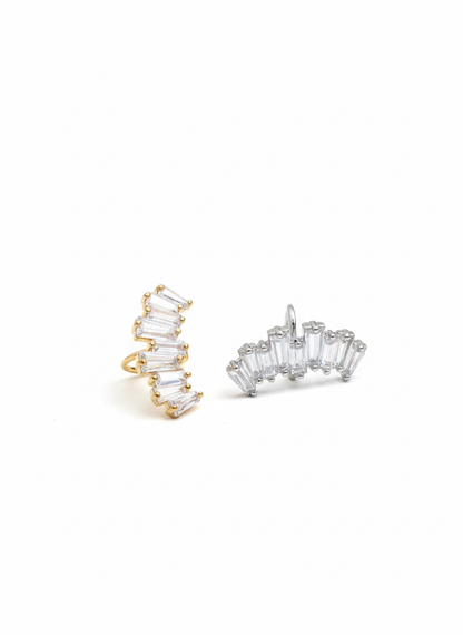 Gold and silver baguette-cut cubic zirconia ear cuffs photographed on a bright white background, brass material, handmade in Korea.