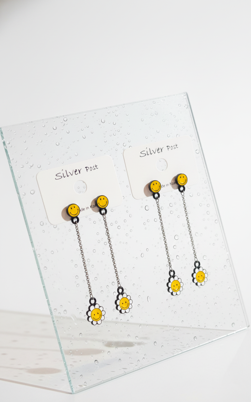 Smiley Daisy Long Drop Earrings – Silver Post, Handmade in Korea