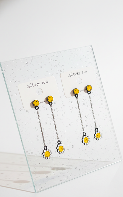 Smiley Daisy Long Drop Earrings – Silver Post, Handmade in Korea