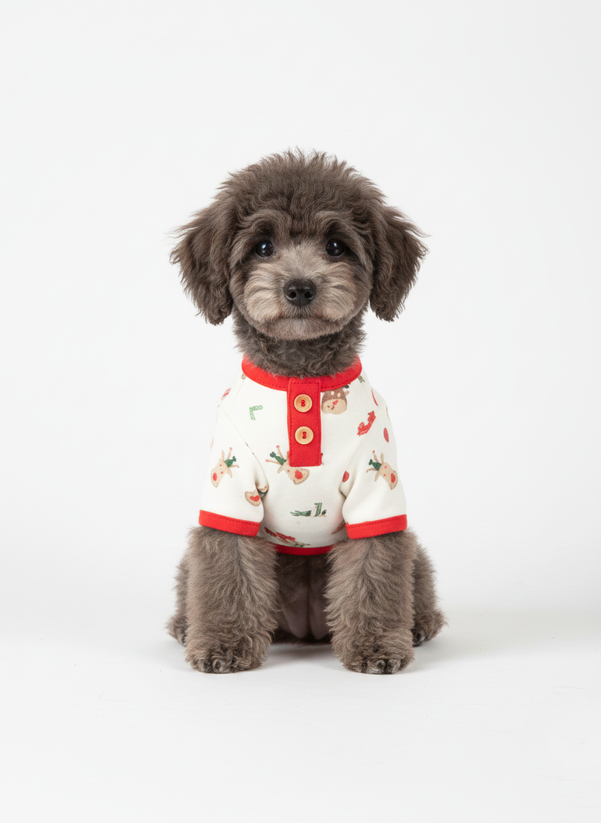 A younger toy poodle sitting upright and facing forward in a festive cream and red holiday shirt, looking curious and gentle.