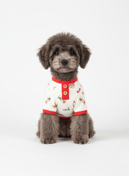 A younger toy poodle sitting upright and facing forward in a festive cream and red holiday shirt, looking curious and gentle.