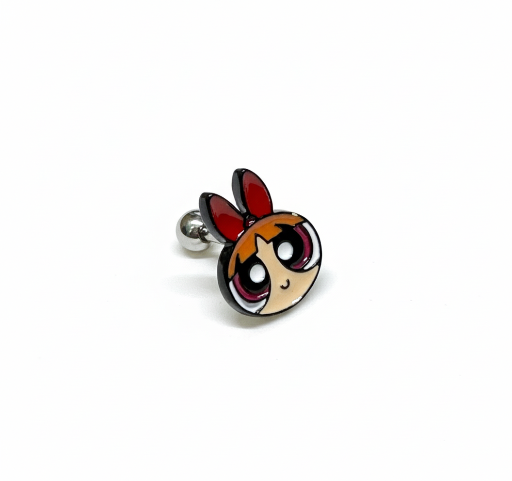 “close-up of a Powerpuff Girls–inspired red-bow character barbell earring displayed on a clean white background.