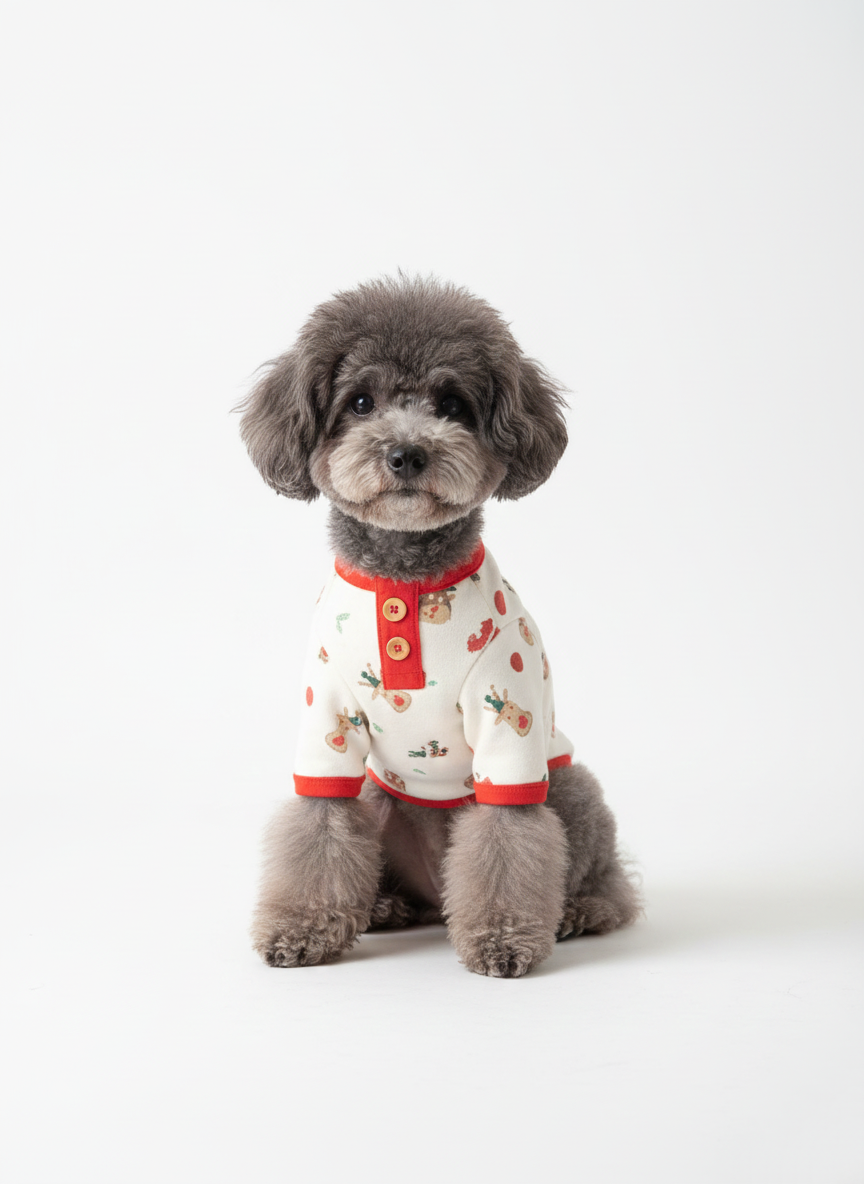 Another gray poodle wearing the red-trimmed shirt, sitting straight and looking slightly to the side, captured on a white seamless background.