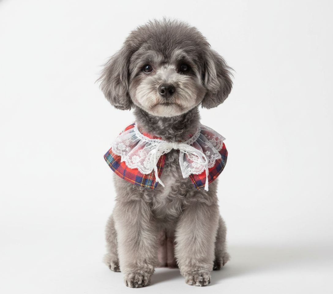 Front-facing image of a toy poodle in a red tartan cape with lace. Dog is sitting calmly, looking into the camera, captured on a white seamless backdrop.