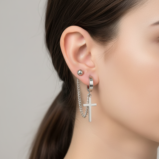 Cross Chain Barbell Earring, Silver Unisex Punk Style