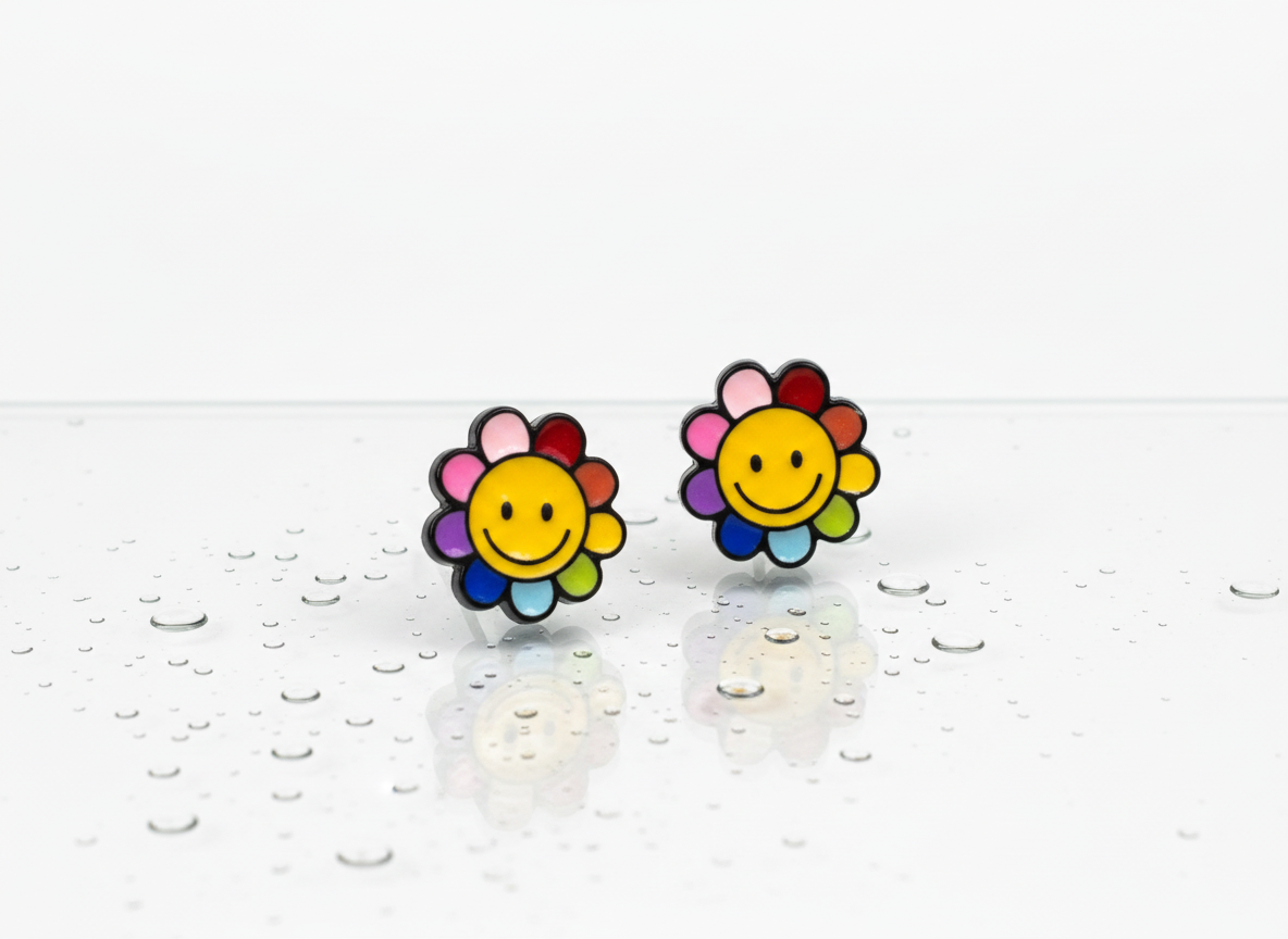 Colorful smiley flower stud earrings with silver post, shown on a glossy water-drop surface.