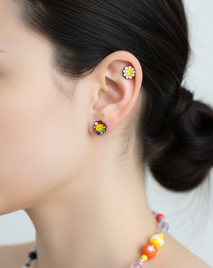 Smiley Flower Barbell Earring – White / Multicolor / Yellow | Handmade Korea