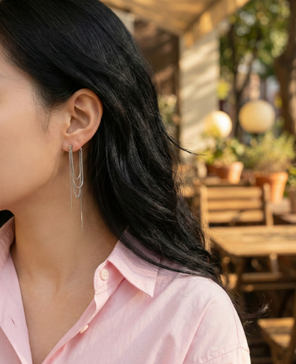 Layered Snake Chain Front Back Drop Earrings - Long Tassel Linear Earrings