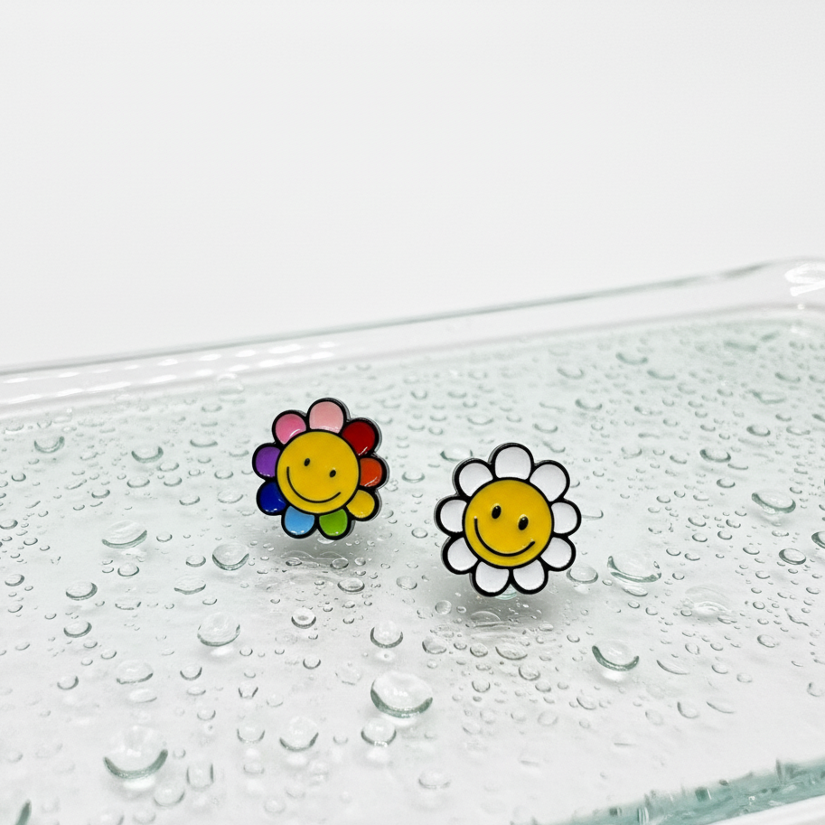 Smiley Flower Barbell Earring – White / Multicolor / Yellow | Handmade Korea