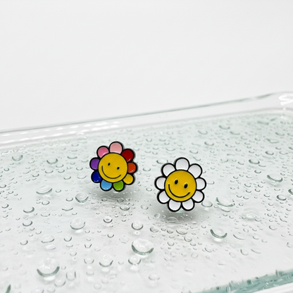 Smiley Flower Barbell Earring – White / Multicolor / Yellow | Handmade Korea