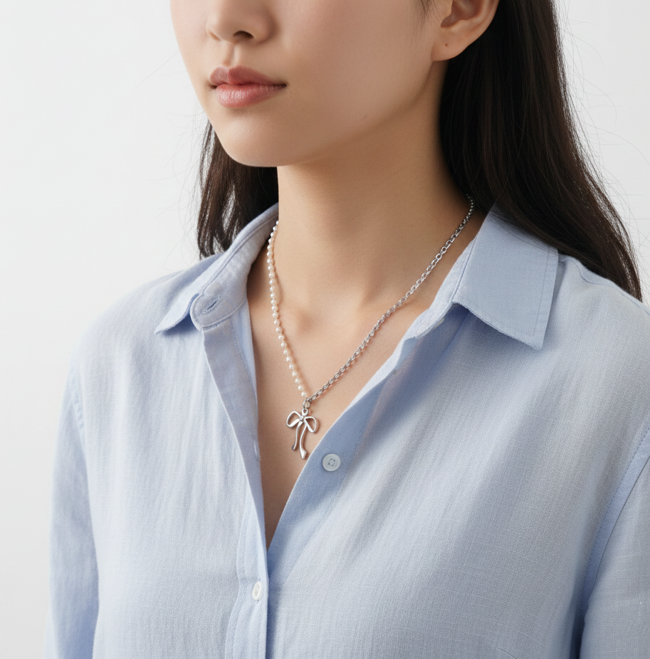 Pearl Chain Ribbon Pendant Necklace in Gold and Silver