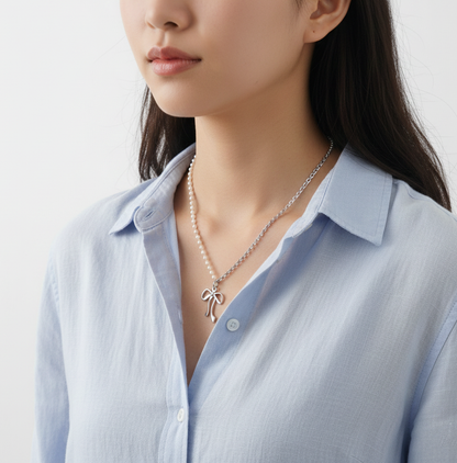 Pearl Chain Ribbon Pendant Necklace in Gold and Silver