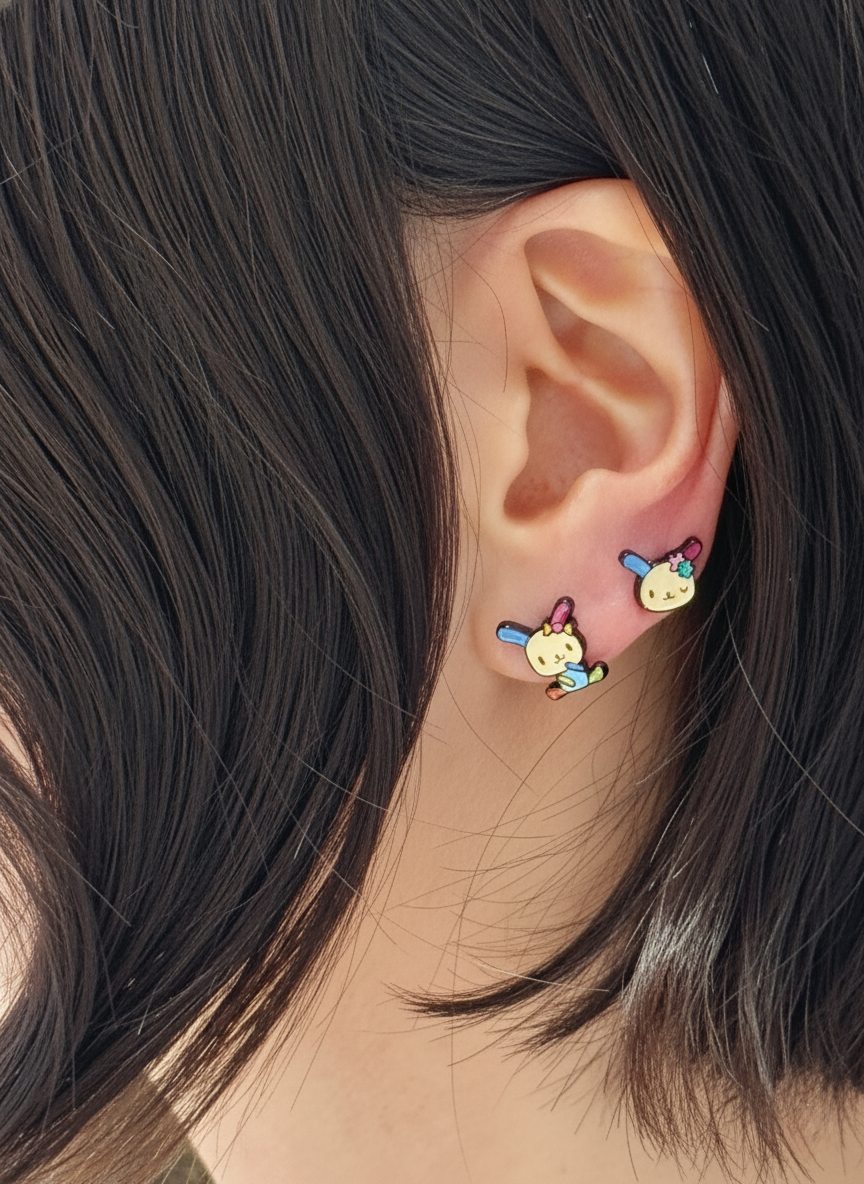 Usahana Style Asymmetric Bunny Earrings – Sterling Silver Post, Handmade Cute Character Studs