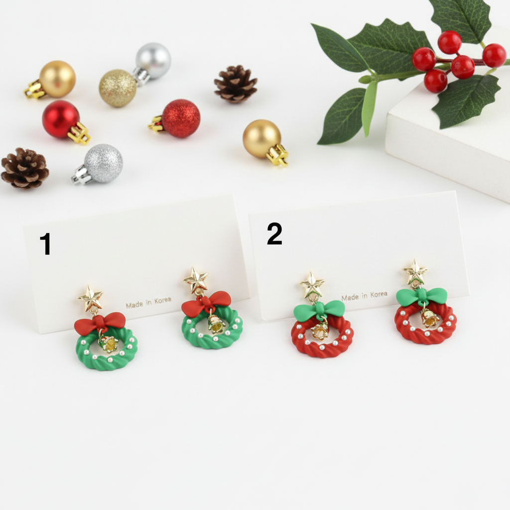 Christmas Wreath Earrings - Holiday Bell Drop Earrings with Bow