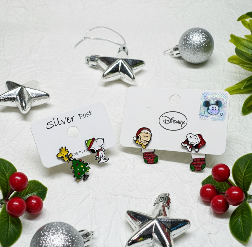 Christmas Snoopy & Woodstock 2-Way Drop Earrings – Handmade in Korea, Sterling Silver