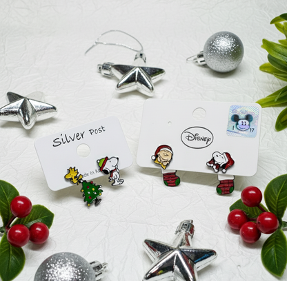 Christmas Snoopy & Woodstock 2-Way Drop Earrings – Handmade in Korea, Sterling Silver