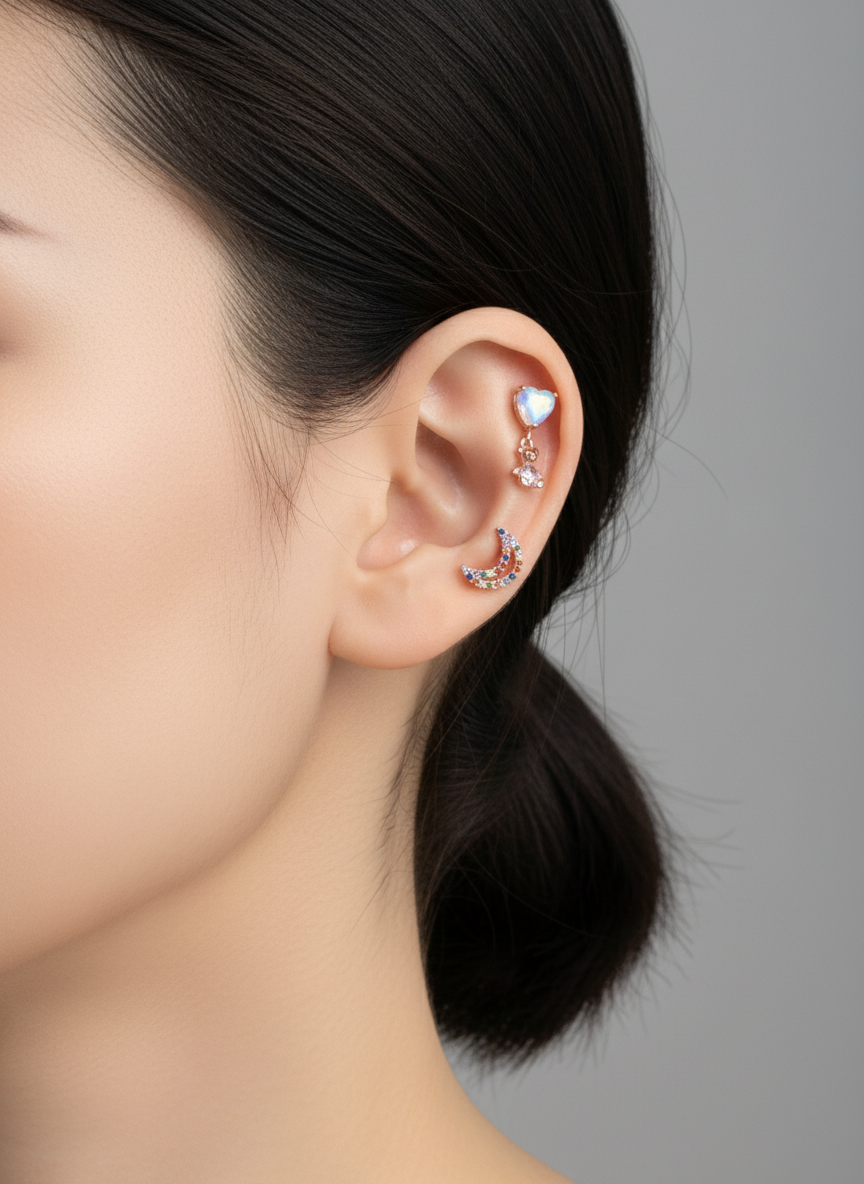 Rainbow CZ Star & Moon Piercing — Cartilage Helix Stud | Gold Silver Rose Gold
