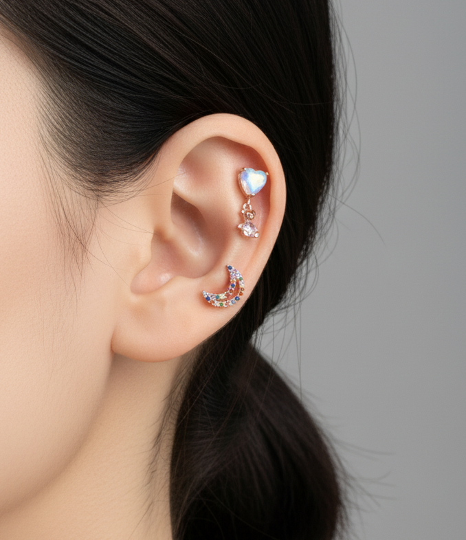 Close-up of a person wearing colorful earrings with a gray background