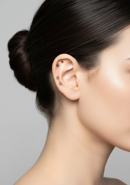 Full ear styling featuring five silver star and burst piercings in various positions—upper helix, mid-helix, and multiple lobes. A complete curated stack with dark crystal accents.