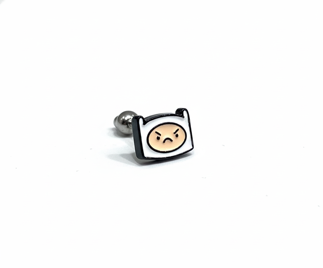 Angry-faced version of the Finn character enamel barbell earring shown on white background