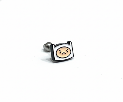 Angry-faced version of the Finn character enamel barbell earring shown on white background