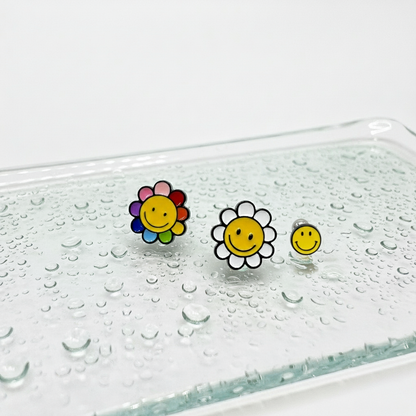 Smiley Flower Barbell Earring – White / Multicolor / Yellow | Handmade Korea