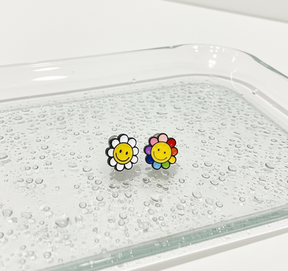Smiley Flower Barbell Earring – White / Multicolor / Yellow | Handmade Korea