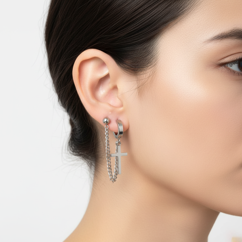 Cross Chain Barbell Earring, Silver Unisex Punk Style