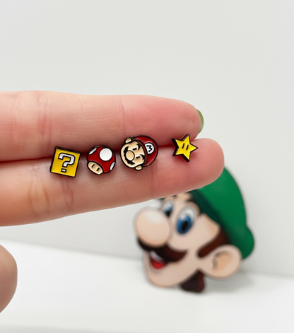Super Mario Inspired Silver Post Earrings Set – 4 Piece Character Studs – Handmade in Korea
