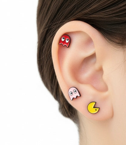 Retro Barbell Earrings with Pacman & Ghosts – Stainless Steel