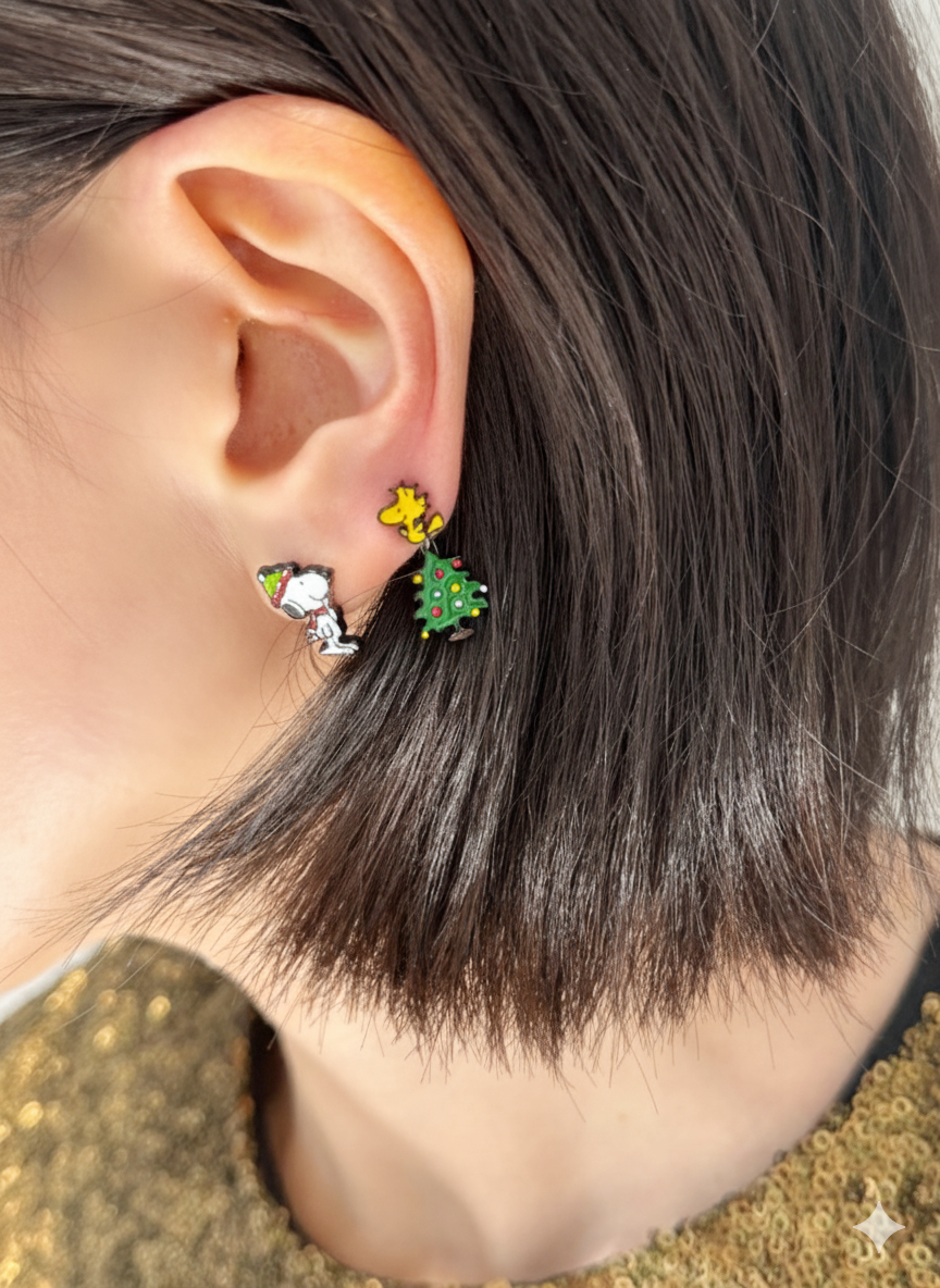 Christmas Snoopy & Woodstock 2-Way Drop Earrings – Handmade in Korea, Sterling Silver