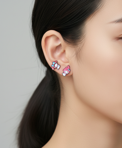 My Melody inspired barbell earrings worn on ear kawaii style