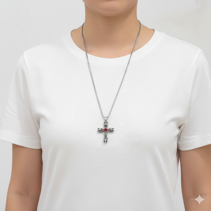 Gothic Cross Necklace with Red Gem - Vintage Stainless Steel Pendan