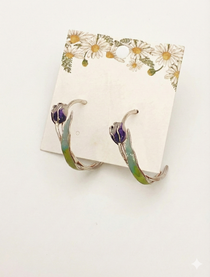 Handmade 3D Watercolor Tulip Flower Hoop Earrings - Titanium Posts